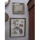 A framed and glazed tapestry of woodland wildlife and a framed sampler.