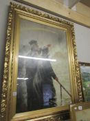 A gilt framed and glazed oil painting seascape featuring life boat men watching sailing boat in