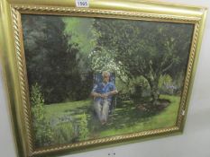 A 1970/80's oil on board painting of a gentleman seated in a garden,.