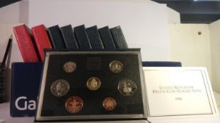 9 Royal Mint proof coin sets, 2 x 1983, 1984, 1985, 1986, 1987, 2 x 1988, 1989.