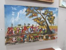 A signed oil on canvas impressionist style African scene.