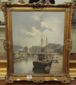 A William Henry Burns oil on board harbour scene with fishing boat signed W.H.
