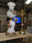 A brass oil lamp base and and a ceramic table lamp base.