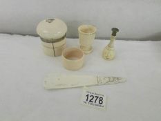 A mixed lot of 19th century bone and ivory items including trinket pot, napkin ring, seal etc.