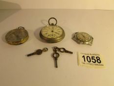 A Services 'Scout' pocket watch, and old wrist watch head, an old compass and 3 pocket watch keys.