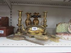 A pair of brass candlesticks, a pair of brass vases, a brass kettle etc.