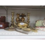 A pair of brass candlesticks, a pair of brass vases, a brass kettle etc.