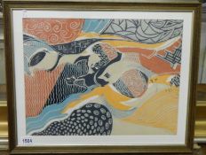 A framed and glazed 1960's abstract lino cut print by D.R.Adamson, signed D.R.A.