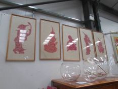 A set of 5 framed and glazed Thai pictures.