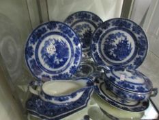 A mixed lot of blue and white including Doulton Burslem sauce tureen, ladle and stand, 3 plates etc.
