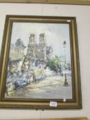 A signed oil painting of a Paris street scene featuring Notra Dame Cathedral.