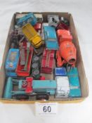 A quantity of play worn die cast cars and a lead motorcyclist.