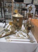 A mixed lot of brass ware including art deco companion set.