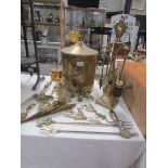 A mixed lot of brass ware including art deco companion set.