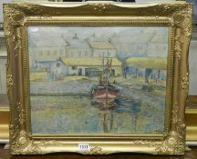 A framed and glazed impressionist oil on board painting of boats in harbour, possibly Cornish,