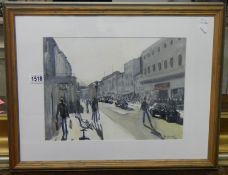 A framed and glazed social impressionist oil on board painting of a High street scene featuring