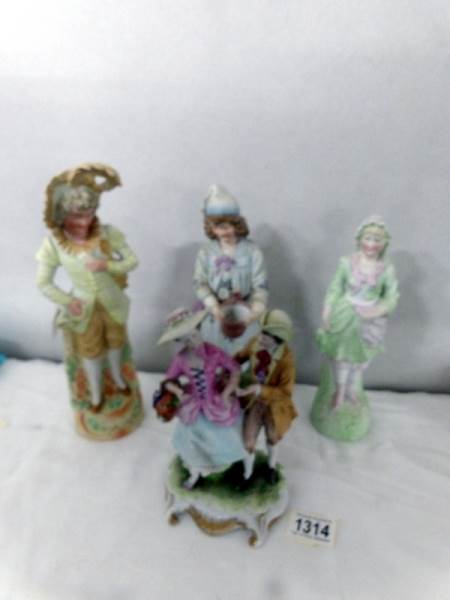 4 continental bisque porcelain figures. (one a/f).