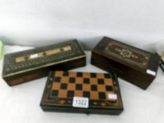 A Victorian glove box, an inlaid box and a travelling chess set.