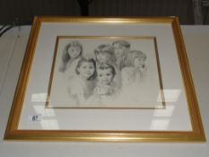 A gilt framed and glazed pencil drawing of children,.