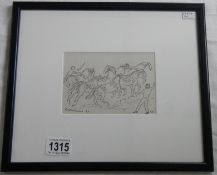 A framed and glazed ink drawing by Vincent Haddelsey (1934-2010) of a horse fair entitled