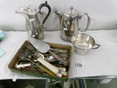 2 silver plated coffee pots, sugar bowl and cutlery.