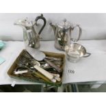 2 silver plated coffee pots, sugar bowl and cutlery.