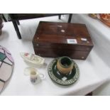 A wooden trinket box with J H Lowery glass,