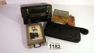 An old sewing kit, a leather purse, a Victorian Mablethorpe trinket casket, photo frame etc.