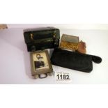 An old sewing kit, a leather purse, a Victorian Mablethorpe trinket casket, photo frame etc.