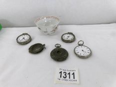 A quantity of fob watches including silver (all a/f) and a Chinese tea bowl.