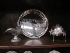 A silver plated tray, sugar hod and butter dish.