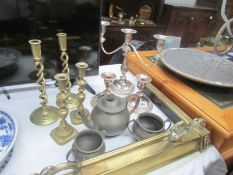 2 pairs of brass candlesticks, a candelabra, 3 piece pewter set etc.