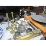 2 pairs of brass candlesticks, a candelabra, 3 piece pewter set etc.