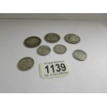 7 silver coins being 3 half crowns (1890, 1897 & 1899) and 4 one shillings (1839, 1888, 1896, 1898).