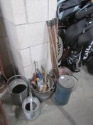 Various galvanised buckets, watering can, mop bucket together with hand tools, drain rods etc.