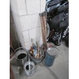 Various galvanised buckets, watering can, mop bucket together with hand tools, drain rods etc.