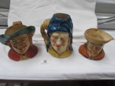 3 pottery character jugs.