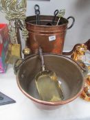 A mixed lot of brass ware including jam pan, companion set etc.