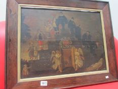 An antique rosewood framed wood panel painted with 'The Nine Ages of Man'.