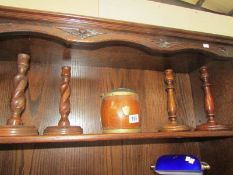 2 pairs of wooden candlesticks and an oak biscuit barrel.