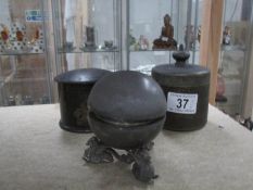 An oriental papier mache' canister, a metal canister and a 19th century inkwell (liner a/f).