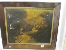 A 19th century oak framed oil on canvas, a/f.