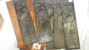 5 door finger plated depicting birds and 8 copper door finger plates.