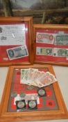 3 framed and glazed displays of coins and bank notes together with a loose selection of coins and