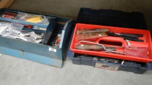 A vintage Talco metal tool box and one other, both containing tools.