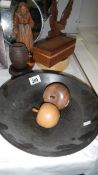 A mixed lot of wooden items including large bowl, figures etc.