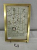 A framed and glazed early road map - Crowland to Lincoln / Lincoln to Barton.