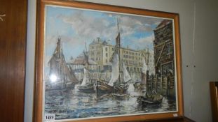 A Robin Miller (Scottish artist) oil on board fishing harbour scene entitled 'Billingsgate London