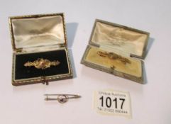 2 Victorian 9ct gold bar brooches and an unmarked yellow metal Victorian bar brooch,