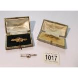 2 Victorian 9ct gold bar brooches and an unmarked yellow metal Victorian bar brooch,